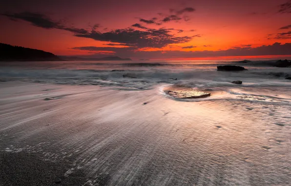 Picture sea, beach, red sunset