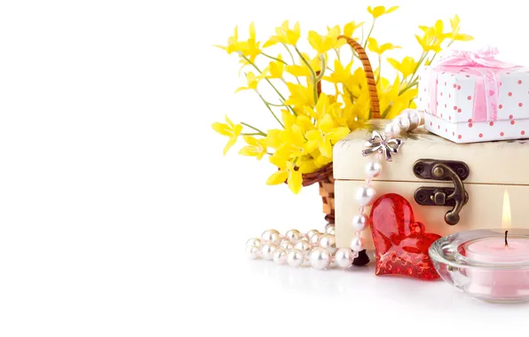 Flowers, box, heart, candles, box, beads, basket