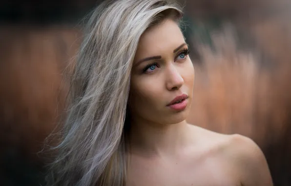 Portrait, makeup, hairstyle, blonde, bokeh