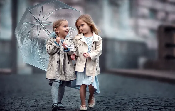 Children, girls, umbrella, bridge, girls, bridge, umbrella, children