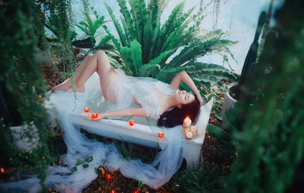 Girl, pose, relax, plant, sleep, sleeping, bath, lies