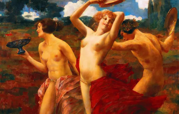 Picture Girls, Picture, Three, Naked, Eduard Ansen-Hofmann, Eduard Ansen-Hofmann, German artist, Bacchantes