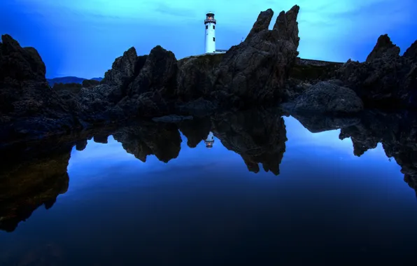 Night, the ocean, rocks, lighthouse, Ireland, Fanad Head Lighthouse, County Donegal