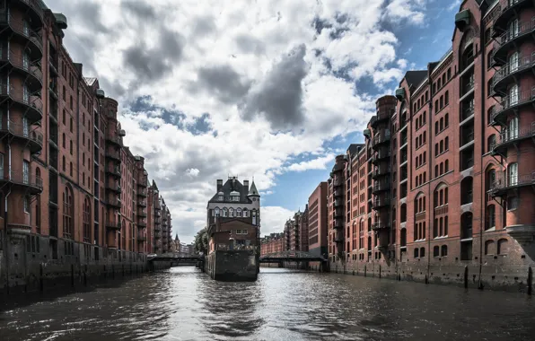 The city, river, architecture, Hamburg, Speicherstadt