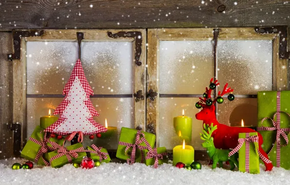Winter, snow, decoration, holiday, balls, tree, candles, window