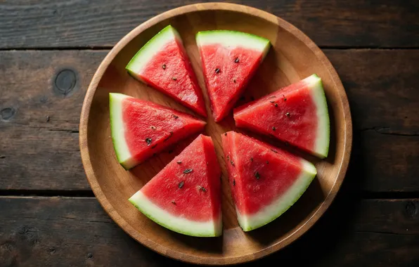 Board, watermelon, plate, pieces, slices, AI art, neural network