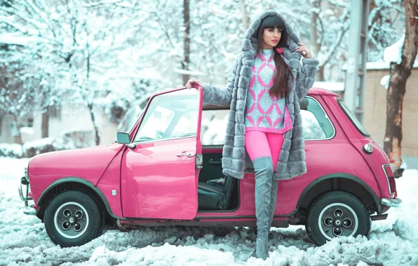 Winter, model, glamour, car