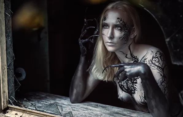Erotic, glass, girl, pose, style, woman, hands, tattoo