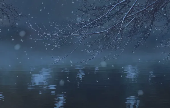 Water, Lake, Trees, Snow, Branch, Anime, Twilight, Makoto Xingkai