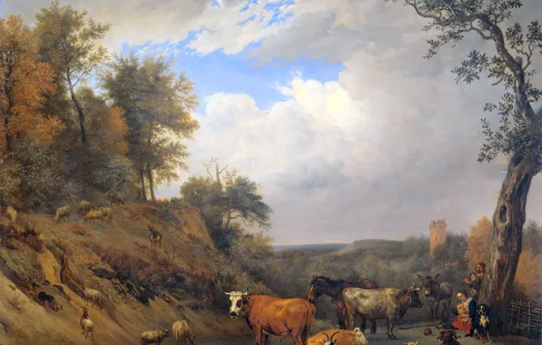 Animals, oil, picture, canvas, Paulus Potter, Shepherds with Their Cattle