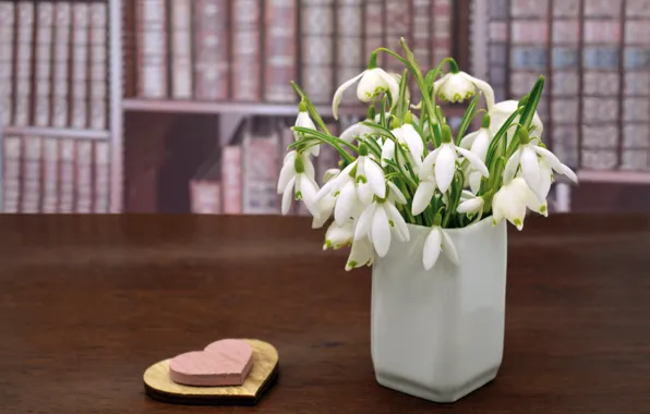 Flowers, table, heart, books, bouquet, spring, snowdrops, hearts