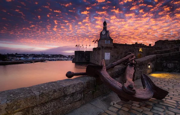 Sea, clouds, sunset, old, castle, wall, France, watch