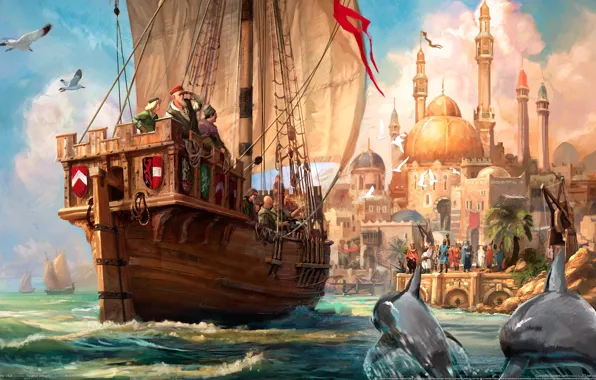 Wave, ship, Marina, seagulls, dolphins, mosque, Paint, journey