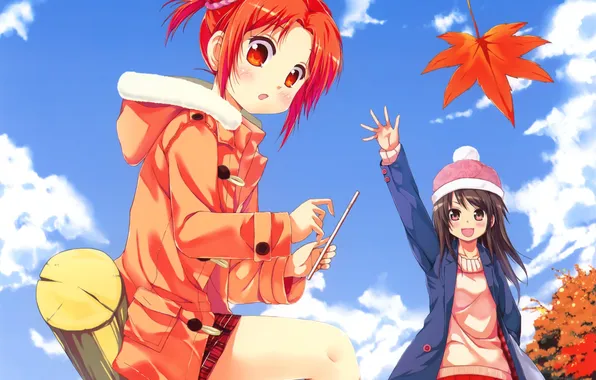 Autumn, the sky, leaves, clouds, girls, hat, anime, art