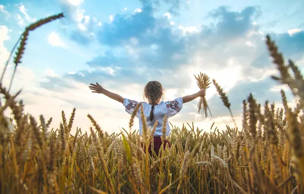 Picture Clouds, Child, Girl, Ukraine, Ukraine, Back, Children, Wheat field