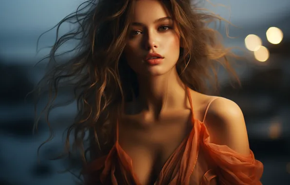 Chest, look, girl, light, night, face, lights, the wind