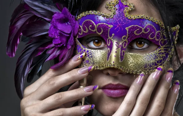 Picture girl, feathers, mask, nails, manicure