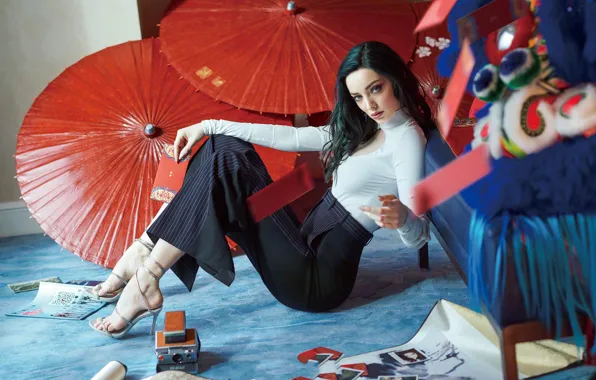 Picture look, girl, pose, umbrella, photo, figure, brunette, heels