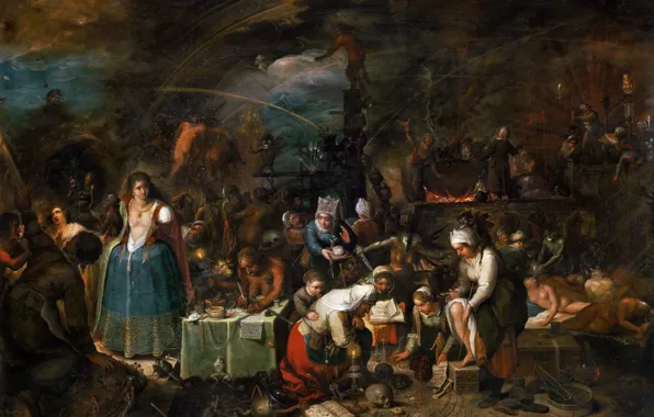 Candles, hell, skull, keys, toad, witches, Sabbath, spells