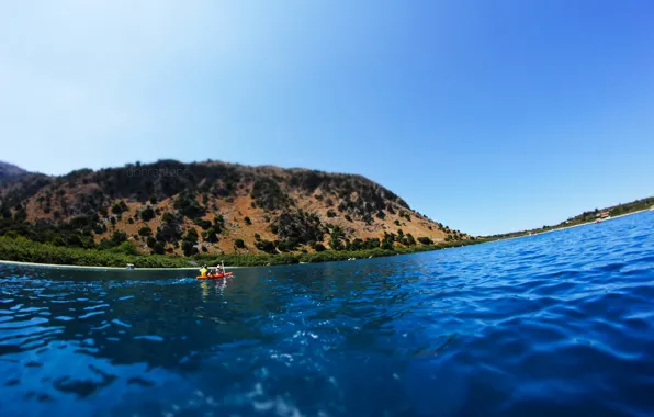 Lake, mountain, Greece, tilt-shift, dobraatebe, Crete, kayak