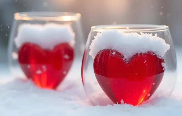 Winter, glass, light, snow, holiday, heart, heart, glasses