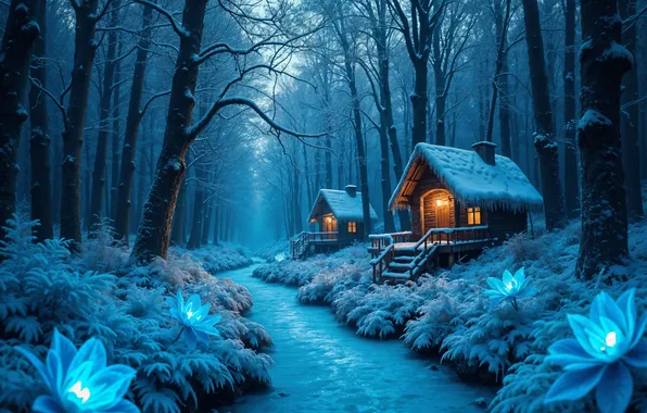 Forest, night, tale, houses