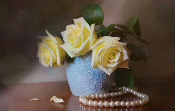 Flowers, table, roses, pearl, beads, vase, still life, bokeh