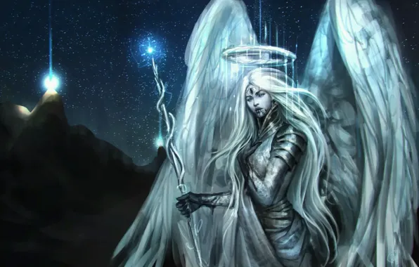 Wallpaper girl, light, night, mountain, angel, staff, angel, NazNemati ...