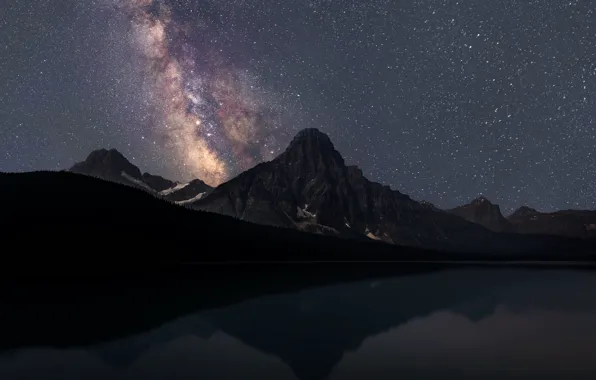The sky, Reflection, Mountains, Night, Lake, Stars, The Milky Way, Ranges