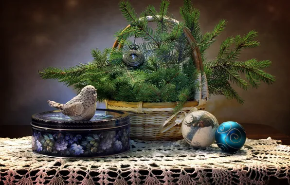 Table, holiday, box, bird, balls, basket, toys, watch