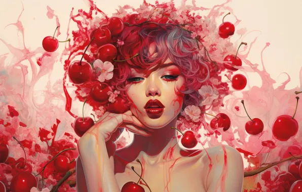 Look, girl, flowers, cherry, pose, berries, hand, portrait