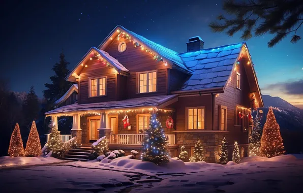 Picture winter, snow, decoration, night, lights, house, tree, colorful