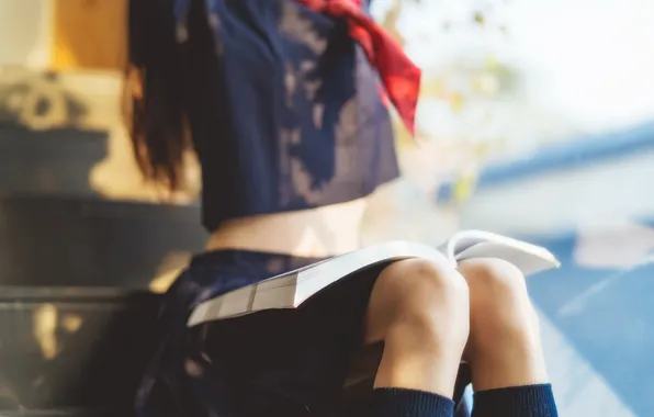 Asian, Model, Woman, Reading, Book, Uniform, Stairs, Steps