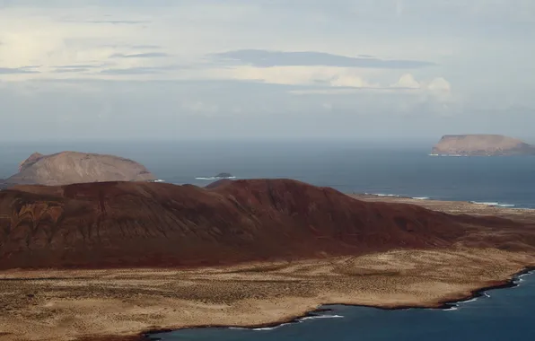 Picture sea, clouds, hills, island, horizon