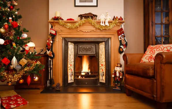 Winter, room, fire, toys, tree, chair, New Year, Christmas