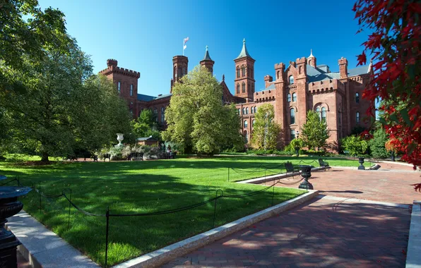 Picture greens, grass, trees, castle, USA, the sidewalk, lawns, Smithsonian
