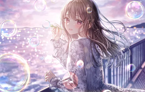 The sky, water, girl, bubbles