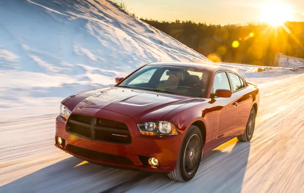 Road, auto, the sun, snow, Dodge, Charger, Sport, AWD