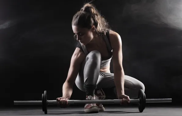 Woman, pose, fitness, barbell weights