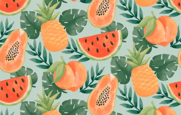 Leaves, texture, watermelon, fruit, peaches, different, green background, watermelons