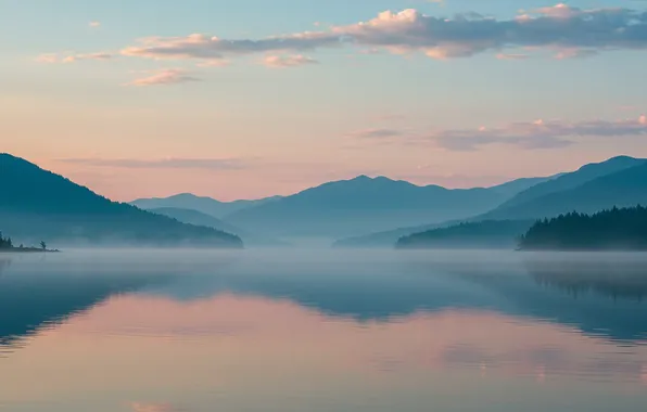 The sky, water, clouds, mountains, Wallpaper, art, Bay, pastel