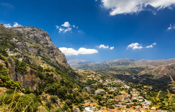 The sky, clouds, trees, mountains, home, Greece, valley, Sunny