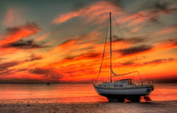 Picture sea, the sky, clouds, shore, boat, yacht, tide, glow