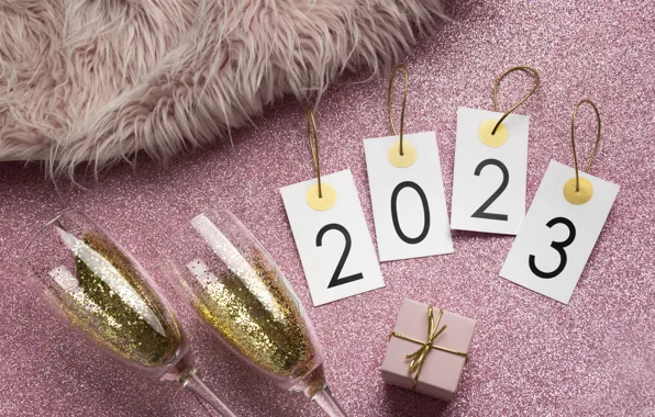 Gift, Shine, glasses, figures, New year, fur, cardboard, pink background