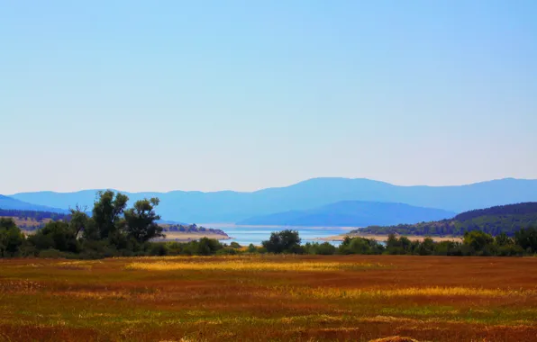 Picture greens, autumn, grass, water, landscape, mountains, river