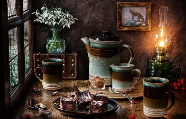 Picture flowers, style, lamp, snowdrops, mugs, still life, cakes, miniature
