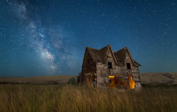 Picture field, landscape, night, nature, house, abandoned house, old house