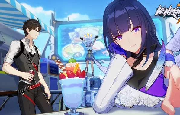 Girl, ice cream, cafe, guy, the waiter, Honkai Impact 3rd, Raiden Mei