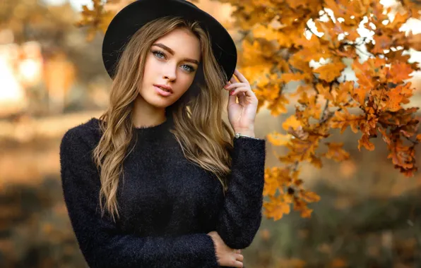 Picture autumn, look, leaves, branches, pose, model, portrait, hat