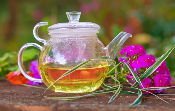Picture flowers, table, background, tea, bokeh, Canik